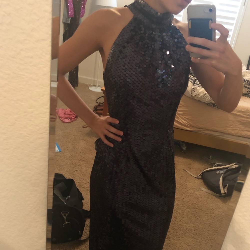 Floor length navy sequin evening gown